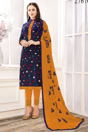 Optimum Navy Blue Rayon Embroidered Casual Salwar Suit With Nazmin Dupatta