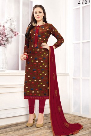 Charming Brown Rayon Embroidered Casual Salwar Suit With Nazmin Dupatta