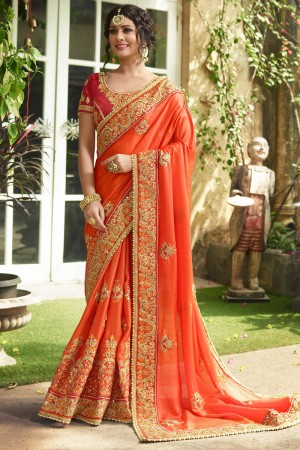 Desirable Orange Crepe and Silk Embroidered Saree With Dhupion Blouse