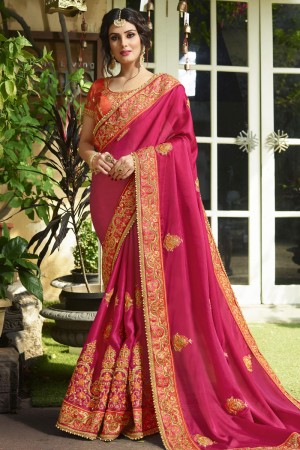 Graceful Pink Crepe and Silk Embroidered Saree With Dhupion Blouse