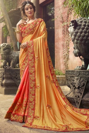 Classic Orange Crepe and Silk Embroidered Saree With Dhupion Blouse