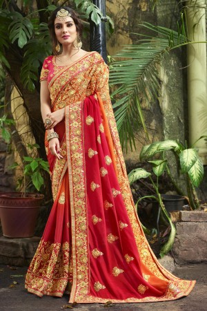 Charming Orange and Red Crepe and Silk Embroidered Saree With Dhupion Blouse