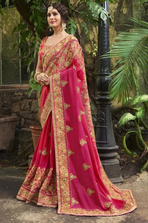 Supreme Pink Crepe and Silk Embroidered Saree With Dhupion Blouse
