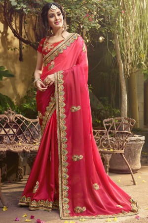 Beautiful Pink Crepe and Silk Embroidered Saree With Dhupion Blouse