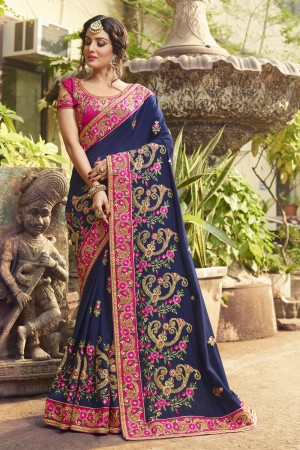 Excellent Navy Blue Crepe and Silk Embroidered Saree With Dhupion Blouse