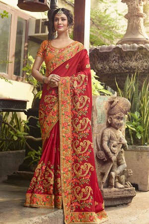 Stylish Red Crepe and Silk Embroidered Saree With Dhupion Blouse