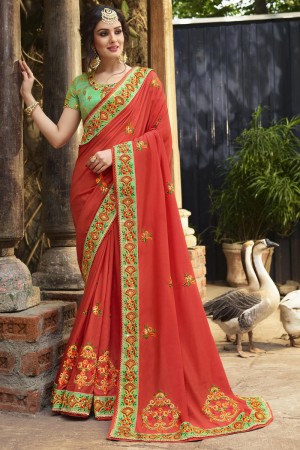 Ultimate Red Crepe and Silk Embroidered Saree With Dhupion Blouse