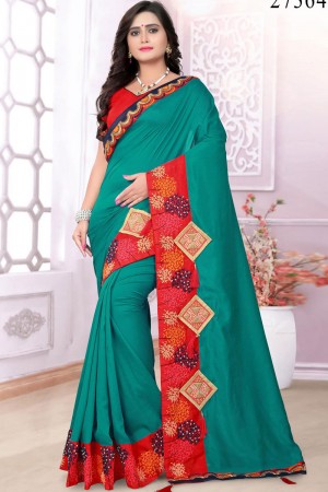 Gorgeous Teal Silk Embroidered Party Wear Saree With Banglori Silk Blouse