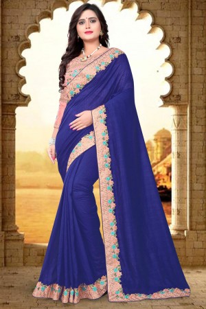 Ultimate Blue Silk Embroidered Party Wear Saree With Satin Blouse