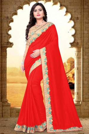 Charming Red Silk Embroidered Party Wear Saree With Satin Blouse