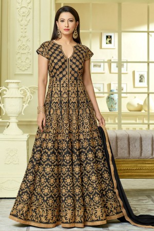 Gauhar Khan Beautiful Golden and Black Silk Long Length Designer Anarkali Salwar Suit