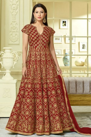 Gauhar Khan Gorgeous Red and Golden Silk Designer Anarkali Salwars