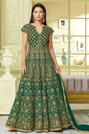 Gauhar Khan Pretty Green and Golden Silk Long Length Designer Anarkali Salwars