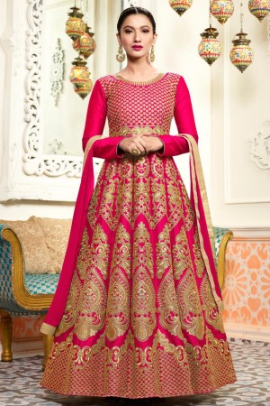 Gauhar Khan Beautiful Pink Silk Long Length Party Wear Anarkali Salwar Suit