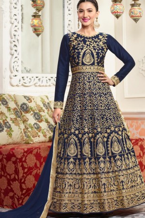 Gauhar Khan Classic Blue Silk Long Length Designer Anarkali Salwars Kameez