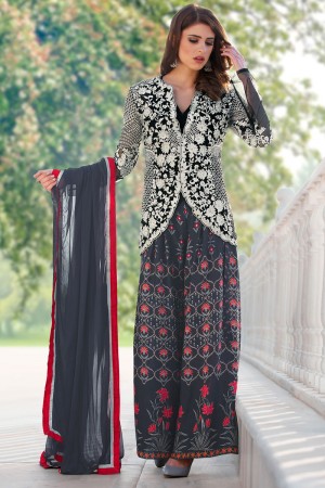 Lovely Black and Grey Maslin Embroidery Worked Salwar Suit