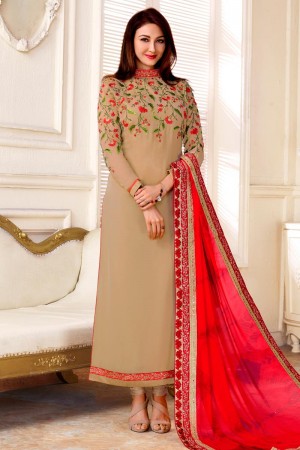 Gorgeous Beige Long Length Embroidery Worked Salwars Kameez