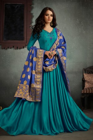 Lovely Turquoise Long Length Rayon Gown With Jacquard Dupatta