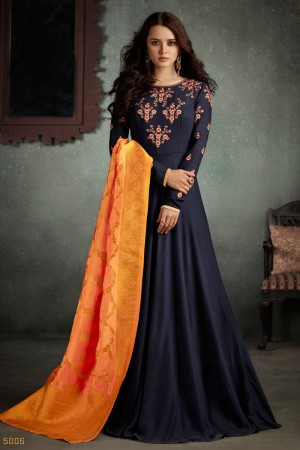 Gorgeous Navy Blue Rayon Gown With Jacquard Dupatta