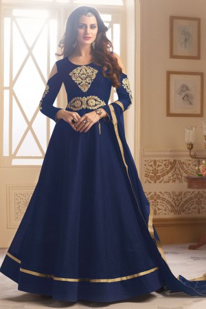 Beautiful Navy Blue Long Length Embroidery Worked Gown