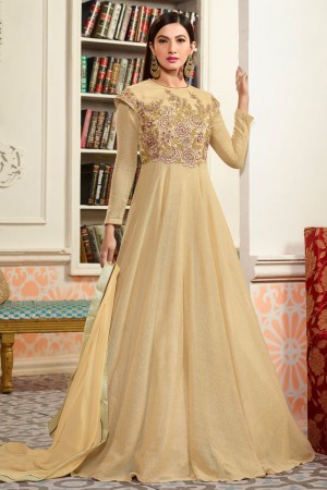 Gauhar Khan Desirable Cream Long Length Net Fabric Anarkali Salwars Suit