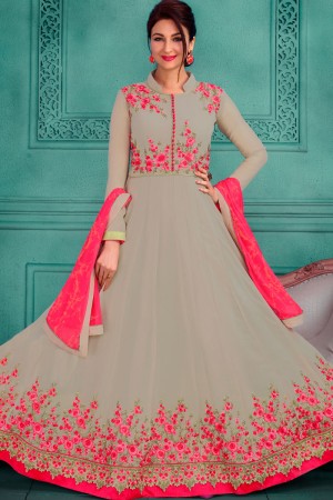 Saumya Tandon Supreme Grey and Pink Georgette Anarkali Salwar Suit with Embriodery Worked