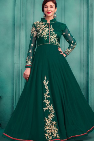 Saumya Tandon Gorgeous Mehendi Green Embroidery Worked Anarkali Salwars Suit with Nazmin Dupatta