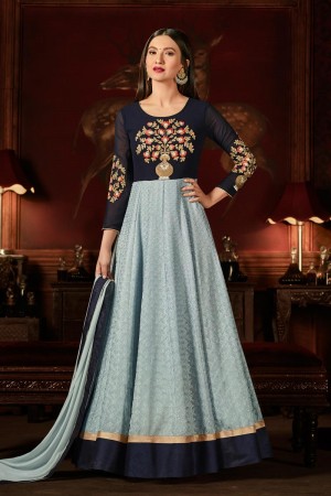 Gauhar Khan Classic Sky Blue and Navy Blue Embroidery Worked Anarkali Salwar Suit With Nazmin Dupatta