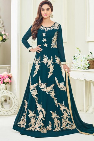 Beautiful Turquoise Patch Worked Georgette Designer Anarkali Salwar Suit