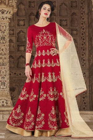 Gorgeous Red Silk Casual Embroidery Worked Salwar Suit