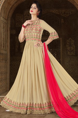 Excellent Beige Stin Embroidery Worked Salwar Suit