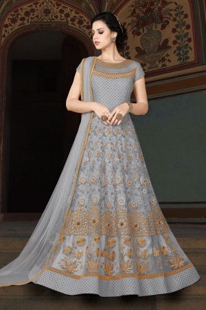 Stylish Grey Embroidery Worked Salwar Suit With Net Dupatta