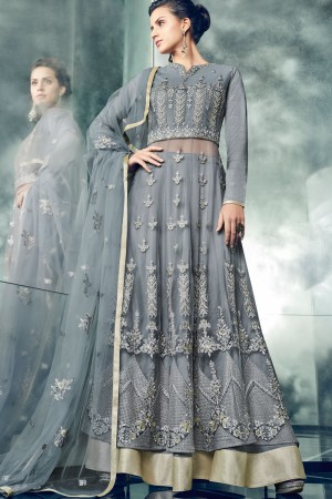 Graceful Grey Function Wear Embroidery Worked Anarkali Salwars Suit 