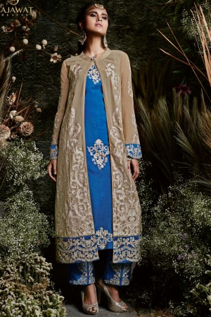 Gorgeous Beige and Blue Function Wear Embroidery Worked Salwars Suit 