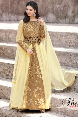 Stylish Yellow Long Length Embroidery Worked Salwars Suit