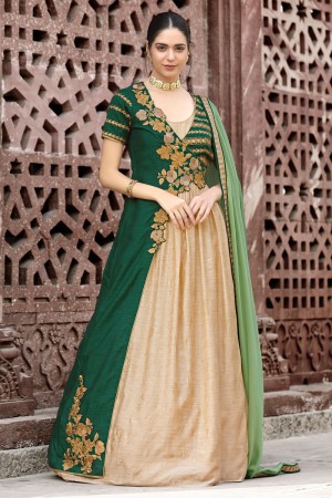 Beuatiful Cream and Green Embroidery Worked Salwars Suit with Chiffon Dupatta