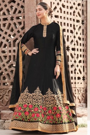 Pretty Black Function Wear Satin Fabric Salwars Suit with Chiffon Dupatta