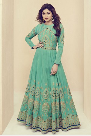 Shamita Shetty Graceful Turquoise Silk Embroidered Work Designer Anarkali Salwar Kameez