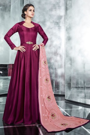 Pretty Violet Silk Party Wear Anarkali Salwars with Georgette Heavy Work Dupatta