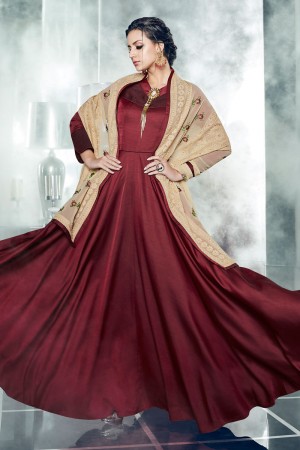 Beuatiful Maroon Silk Designer Anarkali Salwars with Georgette Heavy Work Dupatta