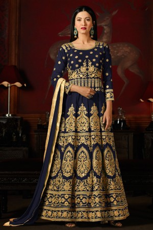Gauhar Khan Pretty Blue Silk Embroidered Work Designer Anarkali Salwar Suit