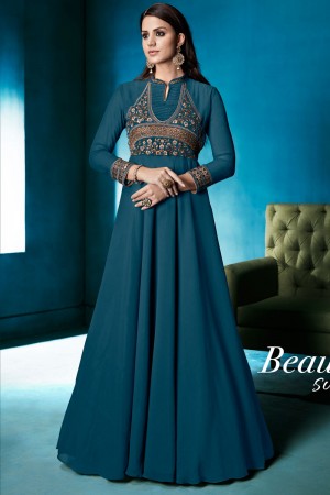 Stylish Turquoise Gerogette Party Wear Gown