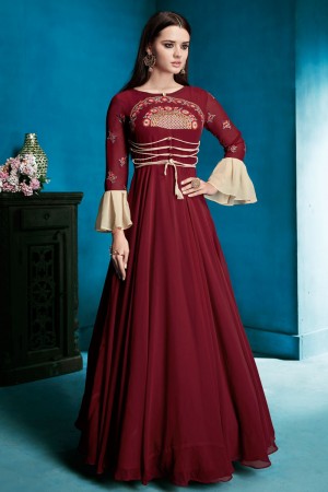 Desirable Maroon Georgette Long Length Designer Gown