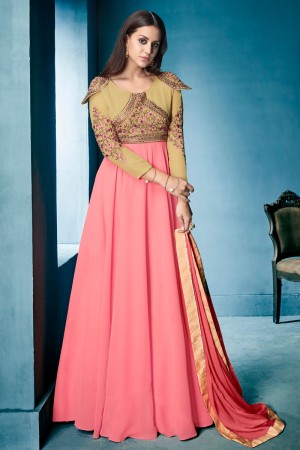 Ultimate Pink and Cream Georgette Embroidered Work Gown