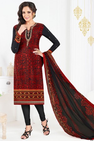 Stylish Black and Red Crepe Embroidered Work Designer Salwar Kameez