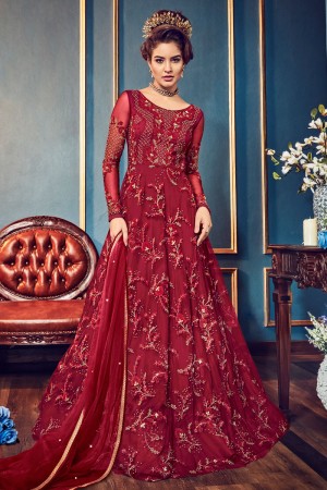 Graceful Red Net Party Wear Designer Anarkali Salwar Suit With Net Dupatta