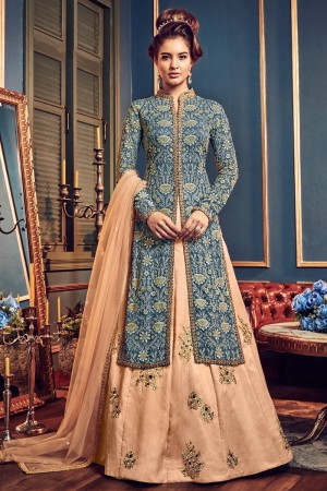 Pretty Cream and Blue Georgette Designer Anarkali Salwar Suit With Net Dupatta