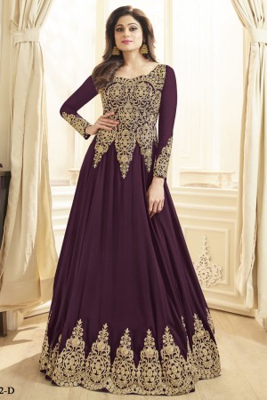 Shamita Shetty Pretty Purple Georgette Embroidered Work Anarkali Salwar Suit