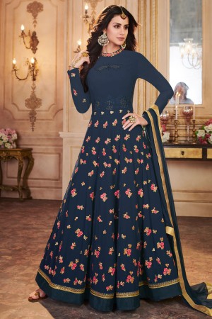 Graceful Navy Blue Georgette Designer Embroidered Work Anarkali Salwar Suit with Nazmin Dupatta