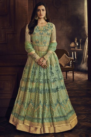 Stylish Green Net Embroidered Anarkali Salwar Suit With Net Dupatta